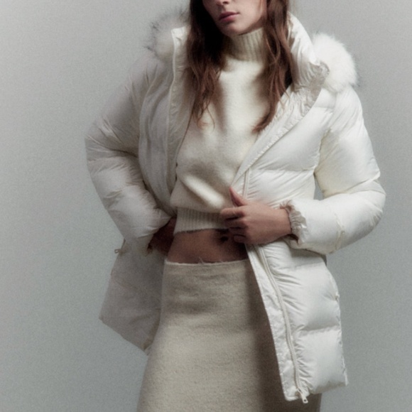 ZARA ecru removable hood water and wind protection puffer winter coat NWOT - Picture 3 of 16